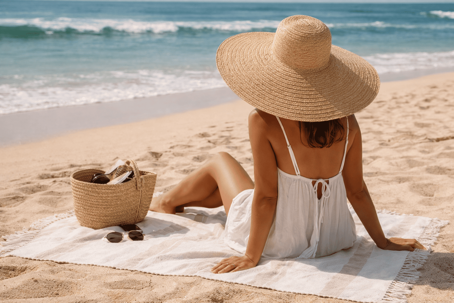 Femme avec chapeau de paille sur la plage assise sur une fouta